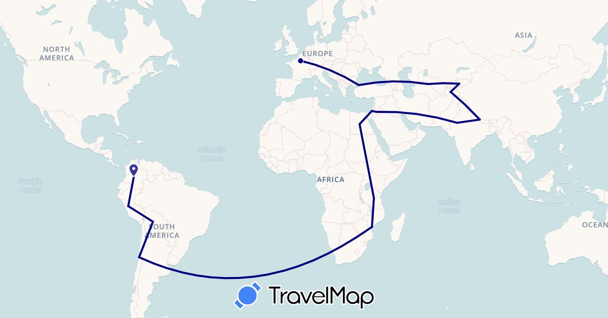 TravelMap itinerary: driving in Bolivia, Chile, Colombia, Egypt, France, Israel, India, Jordan, Kyrgyzstan, Mozambique, Nepal, Peru, Tajikistan, Turkey, Tanzania, Uzbekistan (Africa, Asia, Europe, South America)